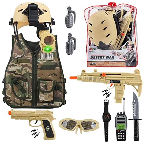 deAO Militärsoldat Tarnung Kostüm Set mit Helm, Spielzeug-Schrotflinte, Spielzeuggranaten, Zubehör für Militärsoldaten und Aufbewahrungsrucksack - ideal für Kinder