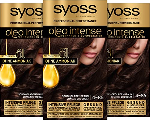 Syoss Oleo Intense Öl-Coloration 4-86 Schokoladenbraun Stufe 3 (3 x 115 ml), dauerhafte Haarfarbe mit pflegendem Öl, Coloration ohne Ammoniak