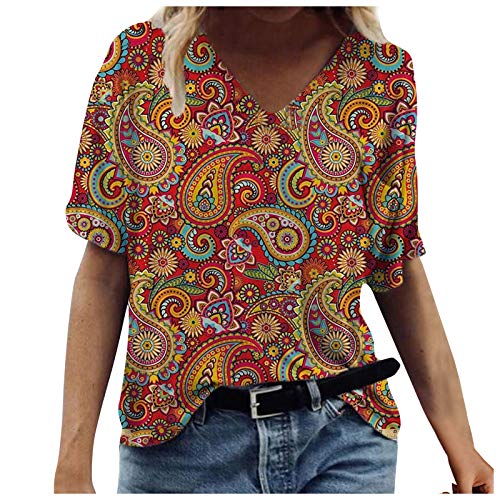 Damen T-Shirt Frühling Sommer Szenische Blumen Tiermotiv Tops Bunte 3D-gedruckte Pullover Casual Kurzarm V-Ausschnitt Tunika Vintage T-Shirt Bluse(XXL,Gelb3)