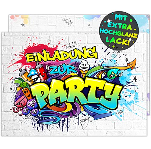 12x EINLADUNGSKARTEN für Kindergeburtstag und Party - die Karten im frech bunten Graffiti Monster Design sind die perfekte EINLADUNG für Jungen Mädchen Kinder zum Geburtstag und KINDERPARTY