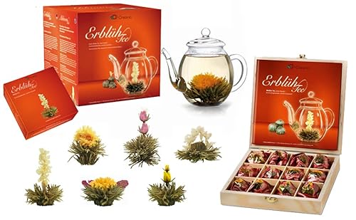 Creano Teeblumen Mix - Geschenkset ErblühTee mit Glaskanne & 6 Teeblumen + 12 Teerosen in Teekiste aus Holz in 6 Sorten - Weißtee