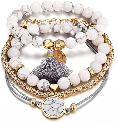 Edary Armband-Set mit Quasten, weißes Marmor-Armband, mit Herz, Perlen-Handkette, verstellbar, für Damen und Mädchen (4 Stück)