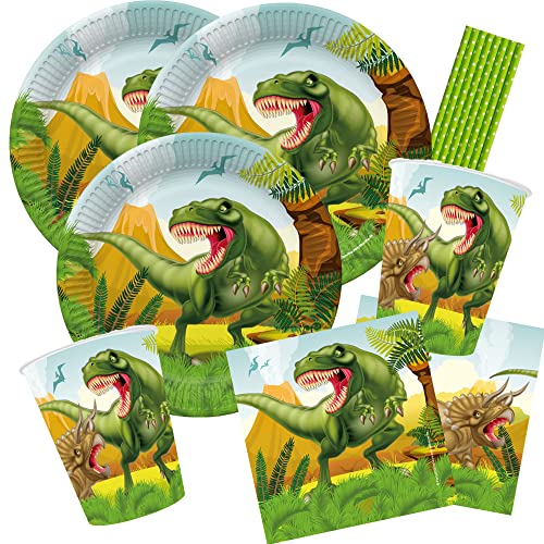 partystrolche/spielum 44-teiliges Party-Set Dinosaurier - riesiger Dino - Teller Becher Servietten Trinkhalme für 8 Kinder