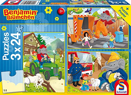 Schmidt Spiele 56207 Benjamin Blümchen, In Aktion, 3 x 24 Teile Kinderpuzzle