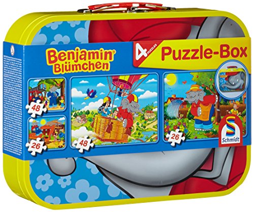 Schmidt Spiele 55594 Benjamin Blümchen, 4 Kinderpuzzle im Metallkoffer, 2x26 und 2x48 Teile