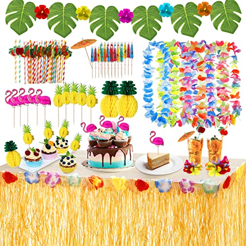 URBZUE Hawaii Party Dekoration Set, 97PCS Tropische Party Dekoration Set, Hawaii Luau Tischröcke, Girlanden, Palmblätter, Ananas Flamingo Regenschirm Obst Stroh Kombition zum Grillen, Gartensommer