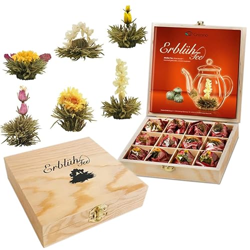 Creano Teeblumen Geschenkset in Teekiste aus Holz, 12 ErblühTee Frühjahrslese in 6 Sorten | Weißer Tee
