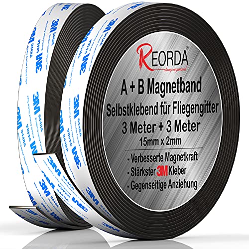 Reorda® Magnetband A B - Hervorragend für Fliegengitter & Moskitonetze dank gegenseitiger Anziehung - Magnetband selbstklebend mit stärkst möglichen 3M-Kleber für beste Klebekraft