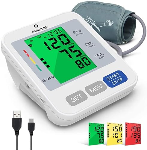 PANACARE Vollautomatisch Oberarm Blutdruckmessgeräte, 3-Farbiges Großes Display mit Hintergrundbeleuchtung, BP-Maschinenmessgerät Oberarmumfänge von 22-42 cm, automatische Blutdruckmonitor, 2Users